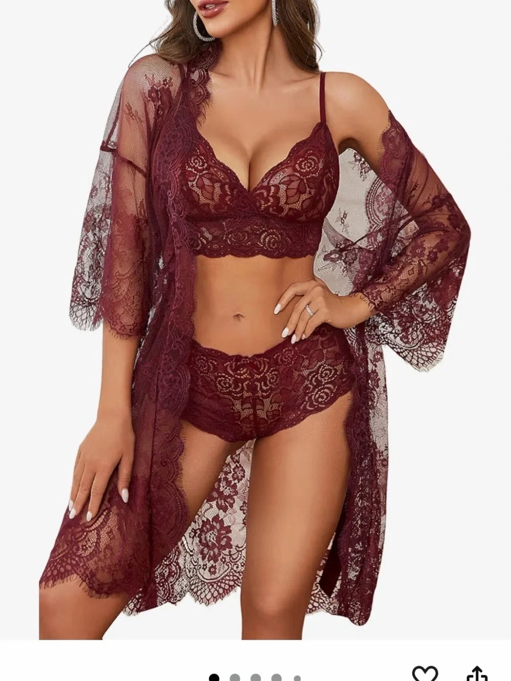 Avidlove Lace Bandeau Set in Burgundy- Bralette,Brief and Robe
